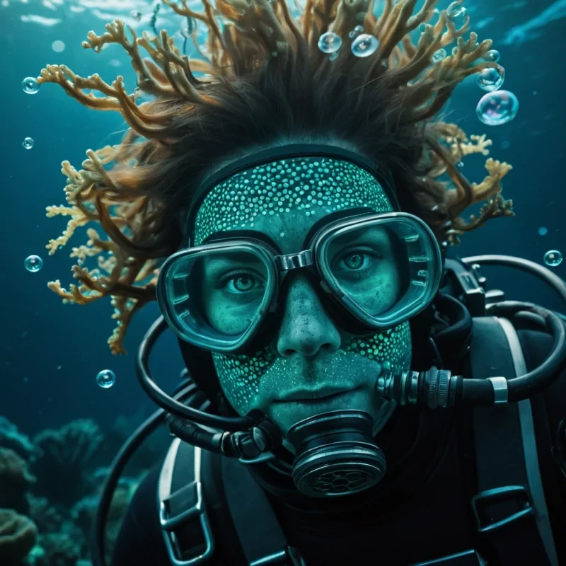 A hyperrealistic, 4K, ultra HD portrait of a deepsea diver, their skin marked with the intricate patterns of bioluminescent algae. The divers eyes, a deep, shimmering aquamarine, reflect the mysteries of the oceans depths. Their hair, a cascade of iridescent bubbles, gently pulses with an underwater glow. The background is a surreal, aquatic landscape of swirling, ethereal hues, with distant shipwrecks and marine life casting a soft, aquatic glow. Cinematic lighting accentuates the divers enigmatic features, while a subtle bokeh effect blurs the watery backdrop, creating an enchanting atmosphere.