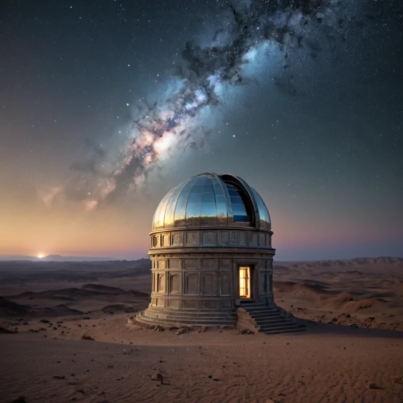 An opalescent, colossal, ancient observatory, its spectral, meteoritepitted form nestled within the heart of a desolate, starlit desert, stands as a silent, celestial sentinel. The observatorys colossal, dormant telescope, a labyrinth of interlocking, iridescent lenses, casts dynamic, otherworldly beams across the cosmos, revealing intricate, ancient astronomical diagrams etched into the weathered, stardustkissed metal surface. Within, a spectral figure, clad in a tattered, vintage astronomers coat, drifts through the desolate, luminescent interior, their form composed of swirling, stardustkissed motes of light. Ultra HD