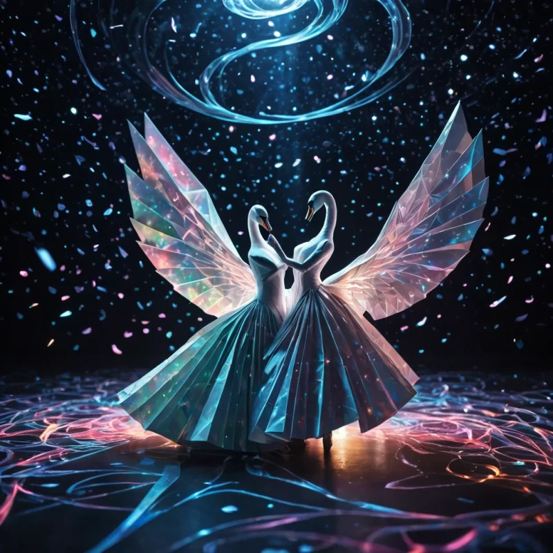 Photorealistic, Ultra HD portrait of a lone, sentient, neonlit holographic origami swan gracefully dancing with a spectral, ethereal partner in a zerogravity, bioluminescent ballroom, surrounded by a swirling, kaleidoscopic vortex of stardust and cosmic energy, with cinematic lighting casting dramatic shadows and emphasizing the intricate, paperthin forms, and a subtle, warm bokeh effect creating a sense of otherworldly enchantment.