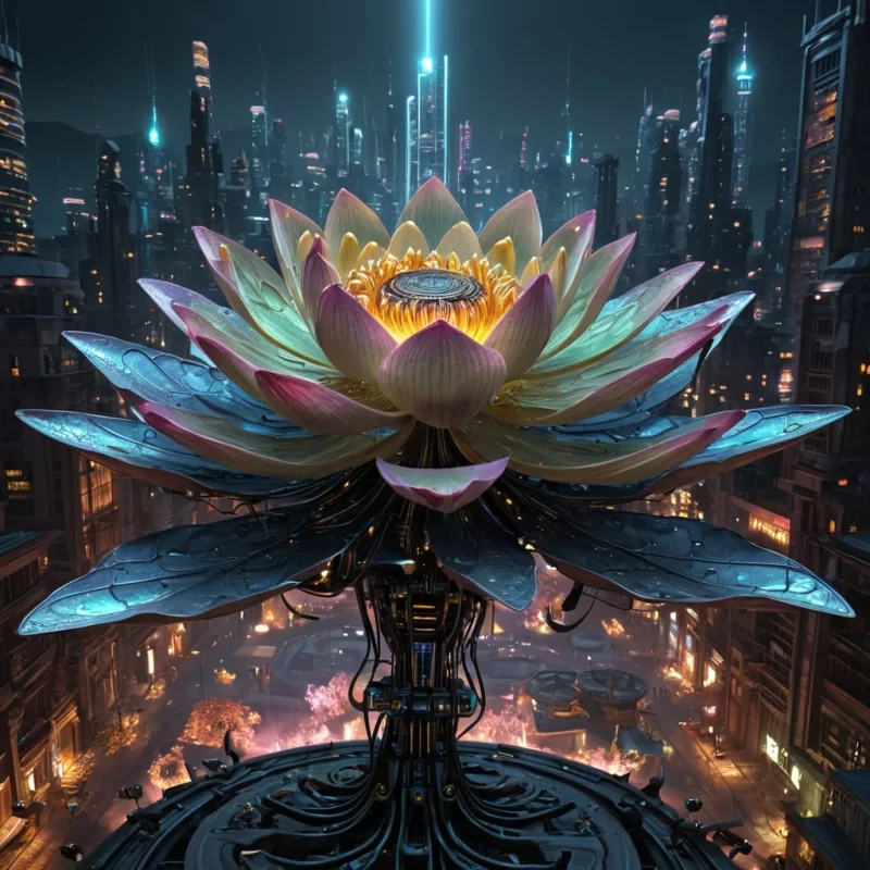 A colossal, ancient, mechanical lotus, its metallic petals unfurling to reveal a labyrinthine, neonlit city within, blooms from the heart of a vast, undulating, obsidian plain. Suspended within the lotus stamen, a holographic, sentient, mechanical swarm of dragonflies dances, casting ephemeral shadows on the citys inhabitants sentient, robotic, reptilian creatures. Rendered in ultra HD, with volumetric lighting, atmospheric effects, and vibrant colors, evoking a sense of surreal, otherworldly wonder.