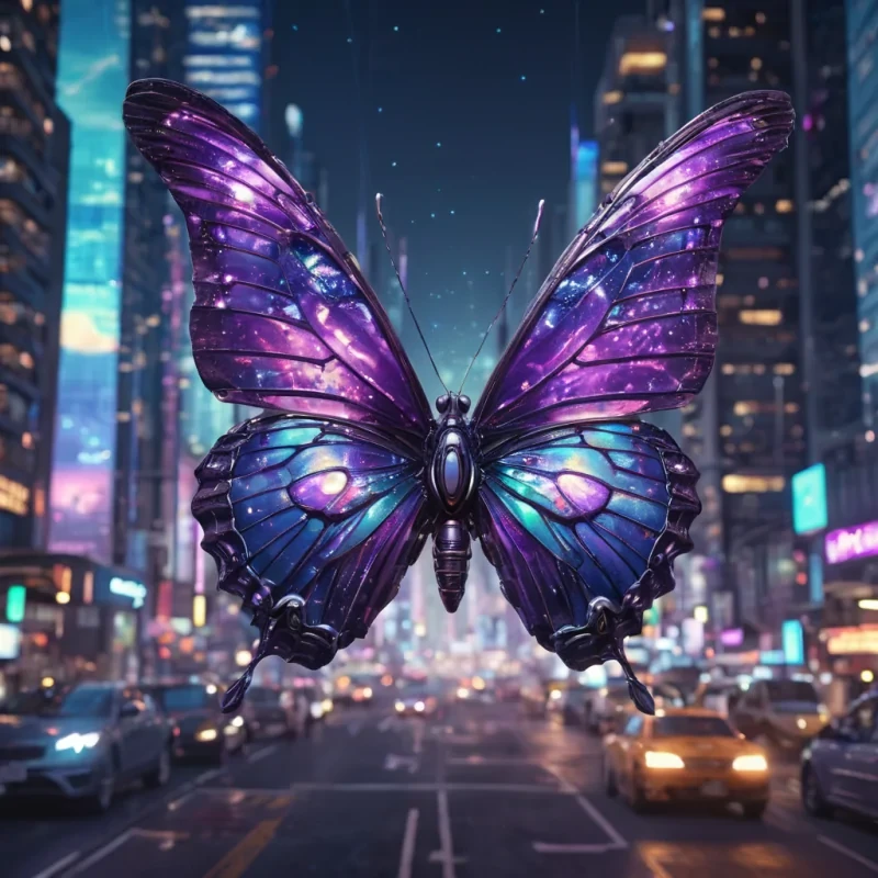 A hyperrealistic, 4K, ultra HD portrait of a cybernetic butterfly, its iridescent wings shimmering with the colors of a neondrenched cityscape. The butterflys compound eyes, a deep, enigmatic purple, hold the secrets of a thousand fleeting moments. Its wings, a cascade of shimmering, holographic pixels, gently pulse with each beat of its mechanical heart. The background is a surreal, urban landscape of towering skyscrapers and floating vehicles, with the distant hum of a bustling metropolis and the soft glow of perpetual twilight casting an ethereal ambiance. Cinematic lighting accentuates the butterflys otherworldly beauty, while a subtle bokeh effect blurs the neonlit cityscape, creating