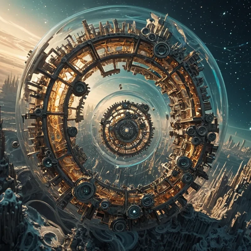 A vast, floating city of interlocking, translucent crystal gears drifts through the upper atmosphere of a planet where time is not linear but spiralshaped, each gear not made of metal but of solidified laughter from a civilization that never aged. The gears do not turnthey pulse in slow, synchronized rhythm, each rotation releasing a wave of golden light that refracts into the shape of a single, perfect breath held just before a childs first word. The city is not built to be inhabitedit is a living memory machine, its architecture composed of inverted sound waves frozen midresonance, forming bridges of compressed silence and towers of unspoken lullabies. The sky is not blueit is a slowmotion cascade of inverted constellations, each