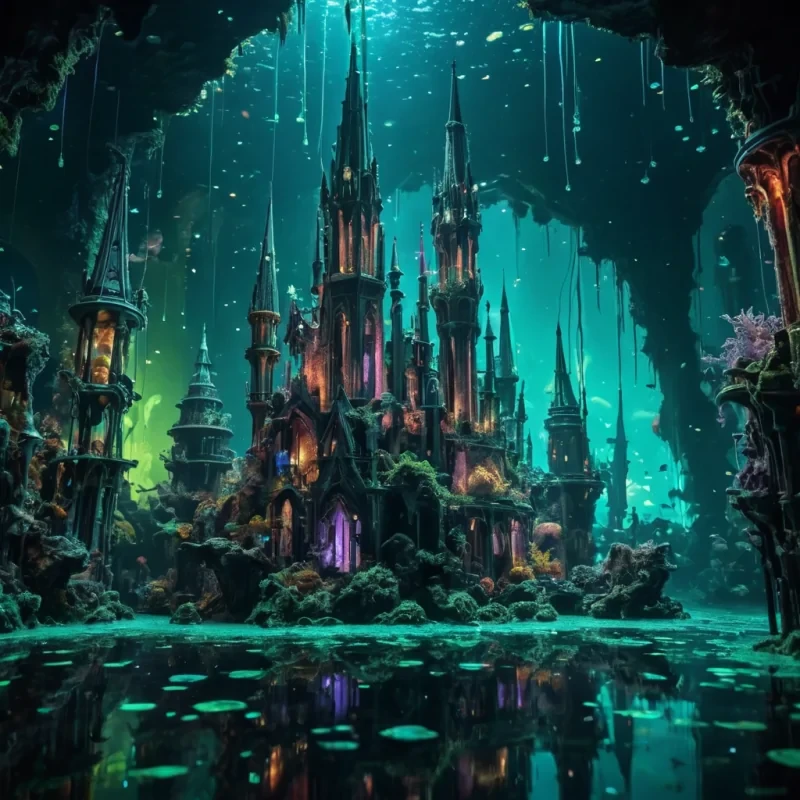 A vast, abandoned aquarium filled with floating, bioluminescent cities, their spires dripping with iridescent algae, hyperrealistic, 4K, cinematic lighting, volumetric lighting, atmospheric effects, bokeh effect, vibrant colors, detailed textures.