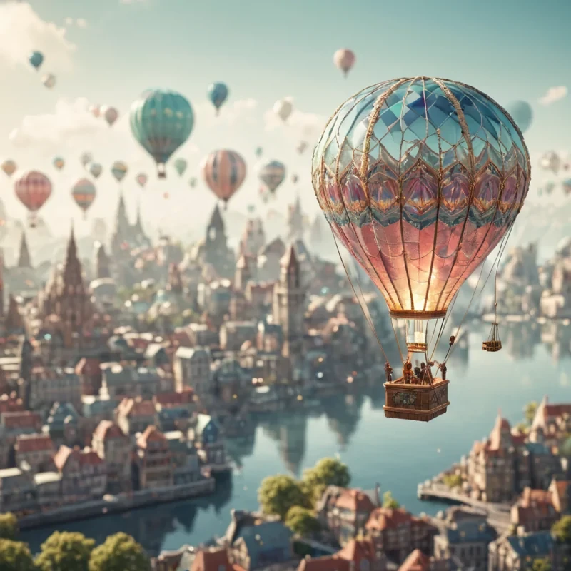A whimsical, levitating hot air balloon made of intricate glasswork, drifting through a cityscape of floating islands, hyperrealistic, ultra HD, cinematic lighting, volumetric lighting, atmospheric effects, dynamic lighting, bokeh effect, soft focus, lens flare, pastel tones, detailed textures.