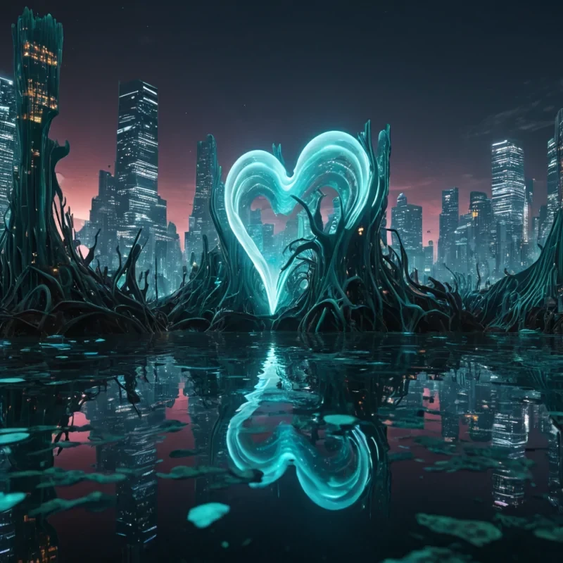 Photorealistic, colossal, opalescent, kelp metropolis, its hyperrealistic, 4K, undulating structures revealing ultra HD, bioluminescent, cybernetic ecosystems within. Volumetric lighting from unseen, pulsating, cybernetic hearts etches the metropolis ethereal, serpentine architecture, casting intricate, dynamic, bioluminescent shadows on the inverted, reflective void. Cinematic lighting bathes the scene in vibrant, otherworldly hues, with lens flare emphasizing the metropolis central, radiant, throbbing, opalescent heart, pulsating with captive, artificial, cybernetic energy.