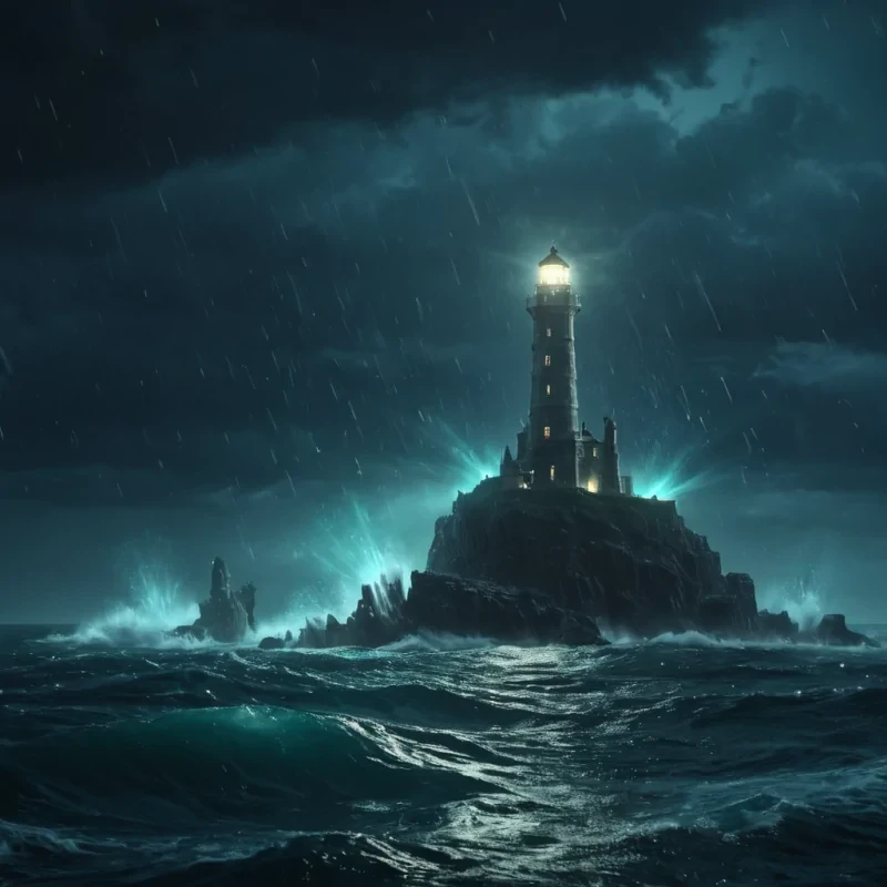 A lone, ancient lighthouse stands sentinel over a vast, stormtossed ocean, its beam cutting through the darkness to reveal a hidden underwater city, its spires and towers shimmering with bioluminescent light, hyperrealistic, 4K, cinematic lighting, volumetric lighting, atmospheric effects, dynamic lighting, bokeh effect, vibrant colors, detailed textures.