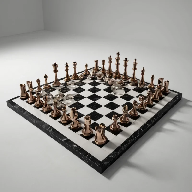 A hyperrealistic, topdown orthographic view of a sprawling, infinite chessboard where the squares are not flat, but deep, polished basalt troughs filled with slowly churning, opaque, milky white liquid that emits a lowfrequency hum visible as subtle concentric ripples. The chess pieces are not traditional figurines, but towering, slender spires of woven, iridescent carbon fiber and polished rose gold, each piece balanced on a thin, floating disc of levitating magnetic fluid. The lighting is stark and clinical, derived from a singular, diffuse source above, casting long, sharp, parallel shadows across the milky surface. The color palette is strictly monochromatic silver, warm champagne, and pure white, with no hints