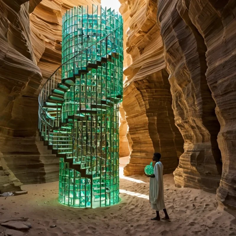A horizontal, eyelevel wide shot of a colossal, vertical library constructed from stacked, translucent layers of compressed, iridescent motherofpearl, situated within a cavernous, dry desert canyon bathed in the harsh, golden light of high noon. The librarys spiral staircase is made of floating, magnetic iron dust that shifts and reforms underfoot, creating a shimmering, metallic pathway. In the center, a scholar with deep, ebony skin and wearing a structured, asymmetrical garment woven from coarse, white linen and adorned with intricate, geometric patterns in vibrant cobalt blue, carefully places a glowing, emeraldgreen gem into a slot on the wall, causing a ripple of soft, green light to pulse through the surrounding pearl layers.