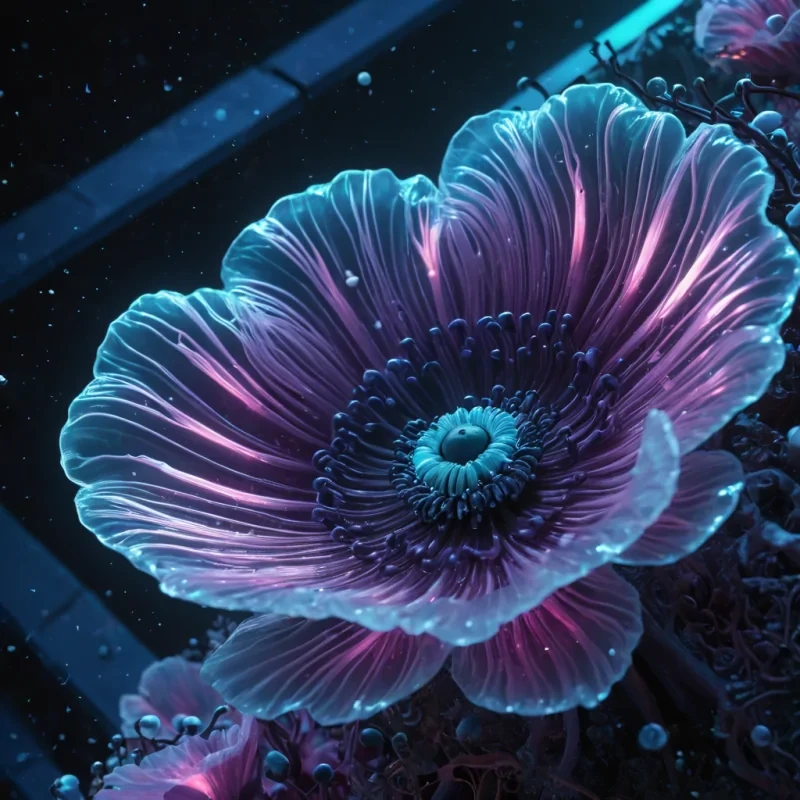 Photorealistic, colossal, undulating, opalescent, anemone metropolis, its hyperrealistic, 4K, lustrous, pearlescent petals unfurling ultra HD, bioluminescent, zerogravity ecosystems. Volumetric lighting from unseen, pulsating, bioluminescent hearts etches the citys ethereal, organic architecture, casting intricate, dynamic, neon shadows on the inverted, reflective void. Cinematic lighting bathes the scene in vibrant, otherworldly hues, with lens flare emphasizing the citys central, radiant, throbbing, opalescent heart, pulsating with captive, artificial, bioluminescent energy.
