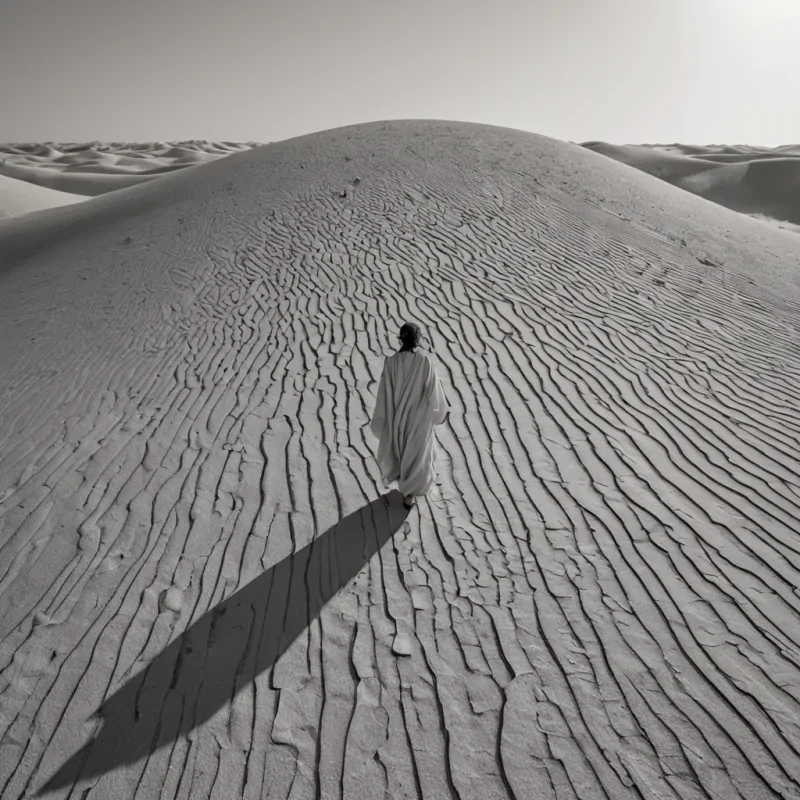 A wideangle, cinematic shot of a vast, sundrenched desert landscape where the sand has been sculpted into massive, undulating waves of pure, white ceramic that crackle with fine, golden kintsugi lines. In the center of this stark, monochromatic expanse stands a solitary, towering structure made entirely of stacked, translucent layers of compressed, dried citrus slices, glowing with intense amber and tangerine hues from an internal light source. A figure dressed in a flowing, heavy linen robe of deep indigo blue walks slowly toward the structure, their shadow stretching long and sharp across the textured ceramic dunes. The lighting is highcontrast and harsh, typical of midday sun, creating vivid interplay between the bright whites,