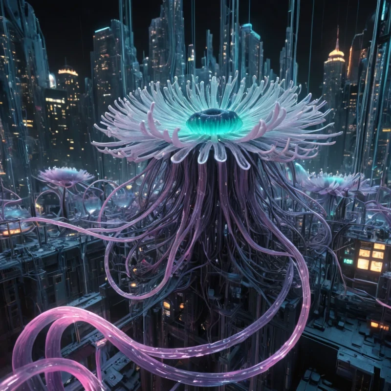 Photorealistic, titanic, ethereal, glassine, anemone metropolis, its hyperrealistic, 4K, translucent, tendril structures revealing ultra HD glimpses of a bustling, neonlit, cyberpunk world within. Volumetric lighting from unseen, pulsating, cybernetic cores etches the metropolis ethereal, fractal tendrils, casting intricate, dynamic, neondrenched shadows on the inverted, reflective void. Cinematic lighting bathes the scene in vibrant, electric hues, with lens flare emphasizing the metropolis central, radiant, throbbing, anemone heart, pulsating with captive, artificial intelligence.