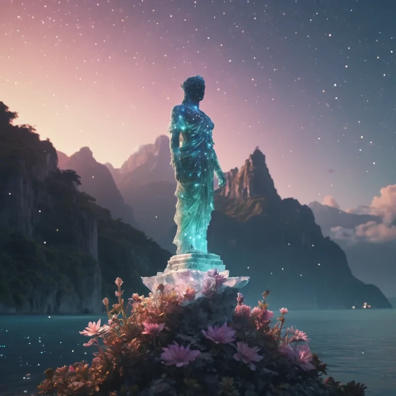 A floating, crystalline island drifting through a starfilled sky, its surface covered in luminescent, otherworldly flora, a lone, ancient statue standing sentinel at its peak, hyperrealistic, 4K, cinematic lighting, volumetric lighting, atmospheric effects, dynamic lighting, bokeh effect, soft focus, lens flare, pastel tones, detailed textures.