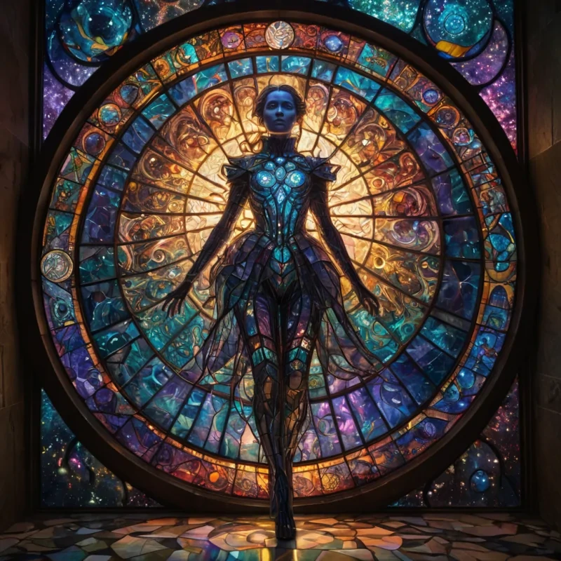 An ancient, colossal, sentient stainedglass window, crafted from a labyrinth of interlocking, iridescent panes, soars above a vast, undulating, twilight nebula. The windows intricate, geometric patterns cast dynamic, ethereal shadows across the celestial expanse, revealing ancient, luminescent constellations that pulse with an otherworldly energy. Within, a spectral figure, clad in a tattered, vintage stainedglass artisans uniform, drifts through the desolate space, their form composed of swirling, glasskissed motes of light. Ultra HD, cinematic volumetric lighting, atmospheric lens flare, vibrant, stainedglass inspired colors.