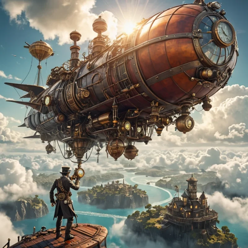 A steampunkinspired airship captain with a mechanical arm, navigating through a cloudfilled sky filled with floating islands, hyperrealistic, Ultra HD, cinematic lighting, volumetric lighting, atmospheric effects, dynamic lighting, lens flare, vibrant colors, detailed textures.