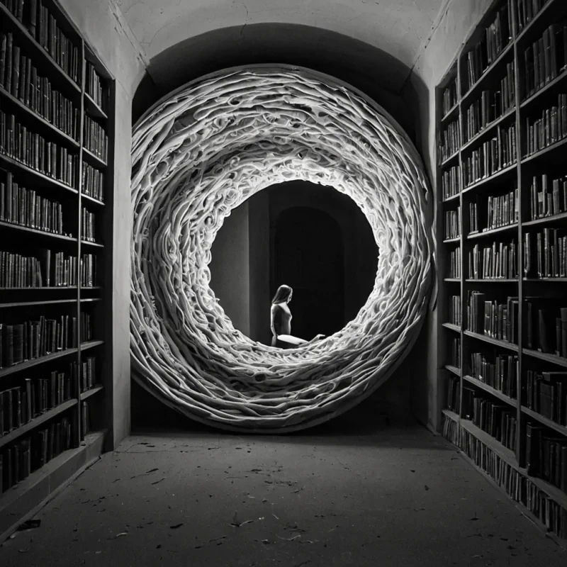 A single, breathing tangle of woven light and solidified static drifts through the hollow core of a forgotten library built inside a dormant black hole, its structure not fixed but constantly reshaping itself into the silhouette of a hand reaching out from a mirror that never existed. The tangle does not vibrateit sighs, releasing waves of compressed silence that ripple not through air, but through the fabric of unremembered lullabies, each wave forming the shape of a door that was never closed. The librarys shelves are not made of woodthey are layers of inverted memory, arranged in a spiral that spirals outward like a wound that never healed, each shelf glowing faintly with the afterimage of a breath held too long.