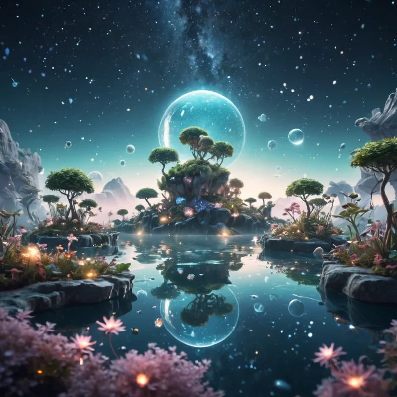 A serene, levitating garden where floating islands drift through a vast, starry sky, filled with luminescent, crystalline flora and fauna, hyperrealistic, ultra HD, cinematic lighting, volumetric lighting, atmospheric effects, dynamic lighting, bokeh effect, soft focus, lens flare, pastel tones, detailed textures.