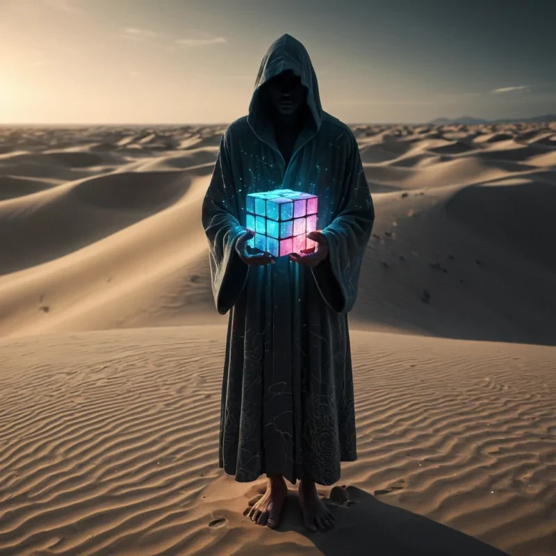A hyperrealistic, 4K portrait of a sentient, levitating, neonlit holographic Rubiks cube, its ethereal form pulsating with intricate, bioluminescent fractal patterns, set against a surreal, monochromatic landscape of undulating, shadowy dunes, with volumetric lighting casting dramatic shadows and emphasizing the cubes dynamic, fluid movements, and a subtle, cool bokeh effect creating a sense of isolation and mystery, as a lone, spectral figure, cloaked in a tattered, hooded robe, stands silently at the edge of the frame, their face obscured by shadows, adding an enigmatic, haunting touch to the otherwise abstract scene.