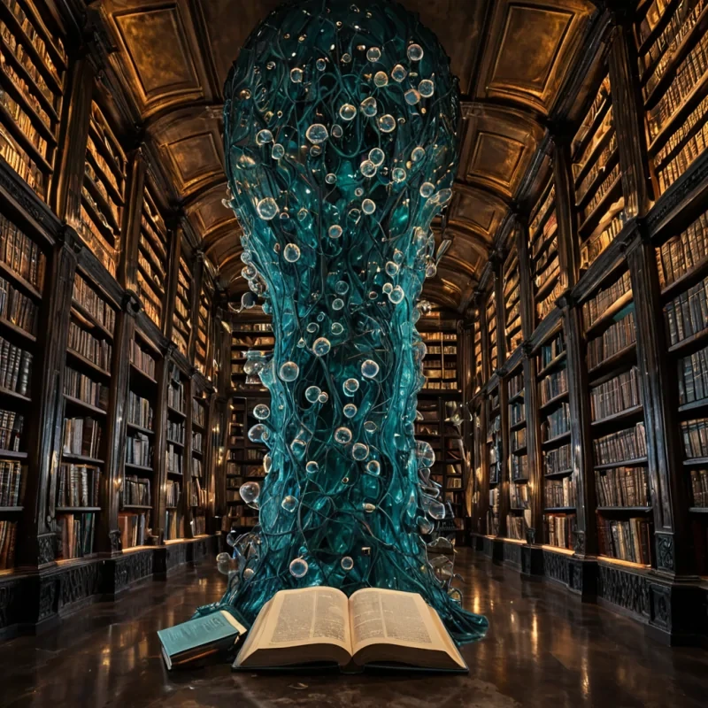 A sweeping, wideangle cinematic shot of a colossal, ancient library carved into the interior of a giant, translucent geode. The walls are lined with shelves made of polished, dark obsidian, holding books bound in iridescent beetle shell and woven spider silk. Instead of text, the pages of the open books are made of thin, flexible sheets of smoked glass, etched with complex, glowing fractal patterns in electric yellow and soft violet. Suspended in the air between the shelves are dozens of spherical, transparent bubbles filled with swirling, slowmoving sandstorms in varying hues of burnt orange and ash grey. A single, slender, bioluminescent vine with thick, waxy leaves in deep teal climbs the central support pillar, its tendr