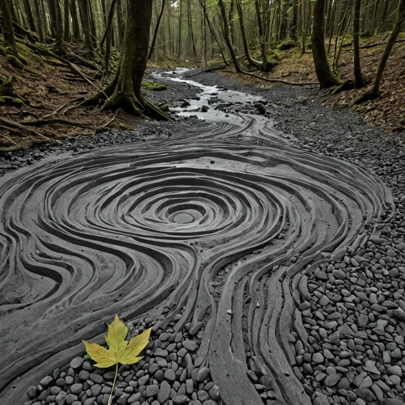A single, selfrewriting river of reversed silence, shaped like a 12,847dimensional current of unformed stillness and inverted quiet, flows through the center of a vast, inverted forest of solidified sound. Each ripple is etched from the exact moment between a leaf falling and its refusal to make noise, a whisper carried on the wind and dissolving into nonaudibility, a footstep on gravel and collapsing into pure, unmeasured nonresonance. The river does not carry silence  it uncarries it, each receding wave shedding a layer of acoustic potential that never coalesced into vibration or echo, reforming into ephemeral, amethystveined mist that rises like the