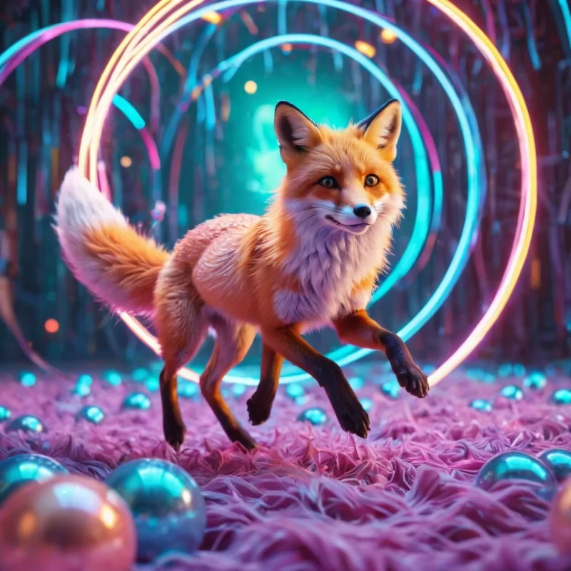 Hyperrealistic neon fox with iridescent fur, leaping through a surreal, neonlit labyrinth of reflective spheres, pastel tones with dynamic lighting, soft focus on its playful, glowing tail, vibrant colors, 4K resolution, lens flare shimmering around its movement.