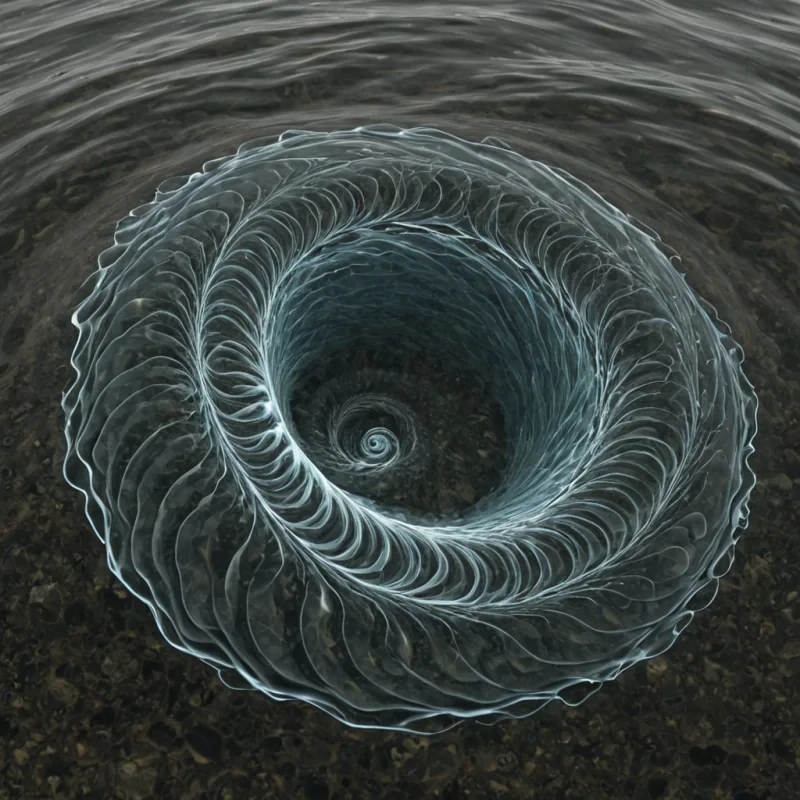 A single, selfilluminating fractal of reversed gravity, shaped like a 12,847dimensional spiral of unformed weightlessness and inverted descent, rotates at the center of a vast, inverted ocean of solidified buoyancy  each wave carved from the exact moment between a stone skipping across water and its refusal to sink, a leaf drifting on a current and dissolving into nonhydrodynamic stillness, a breath exhaled into the surface and collapsing into pure, unmeasured nondisplacement. The fractal does not displace mass  it undisplaces it, each spiraling filament shedding a layer of potential density that never coalesced into measurable sinking, reforming into ephemeral, lapislaced