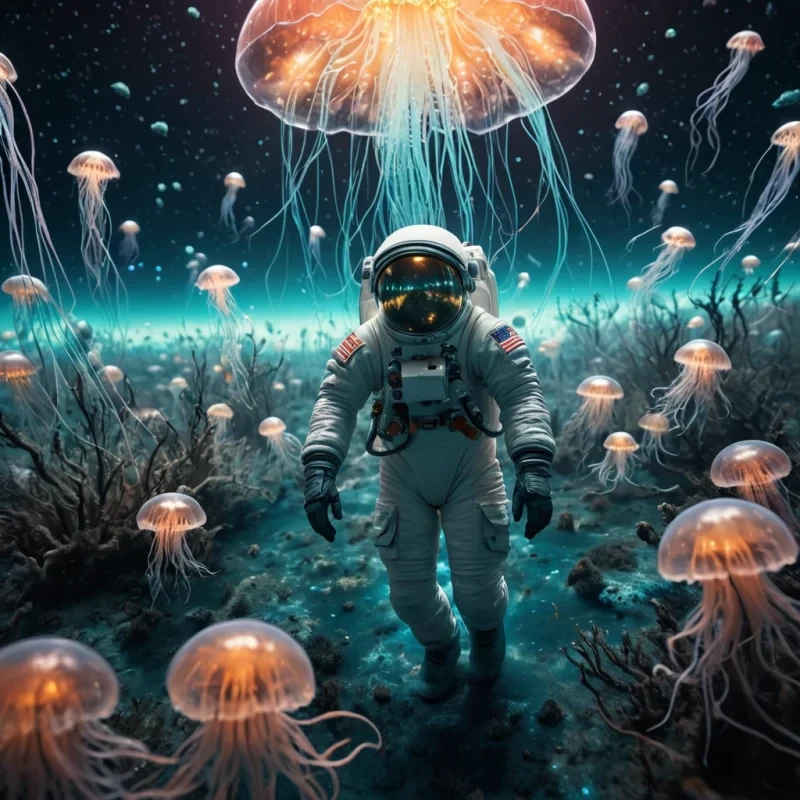 A lone astronaut drifting through an endless field of stars, surrounded by bioluminescent, jellyfishlike creatures, hyperrealistic, ultra HD, cinematic lighting, volumetric lighting, atmospheric effects, dynamic lighting, soft focus, lens flare, vibrant colors, detailed textures.