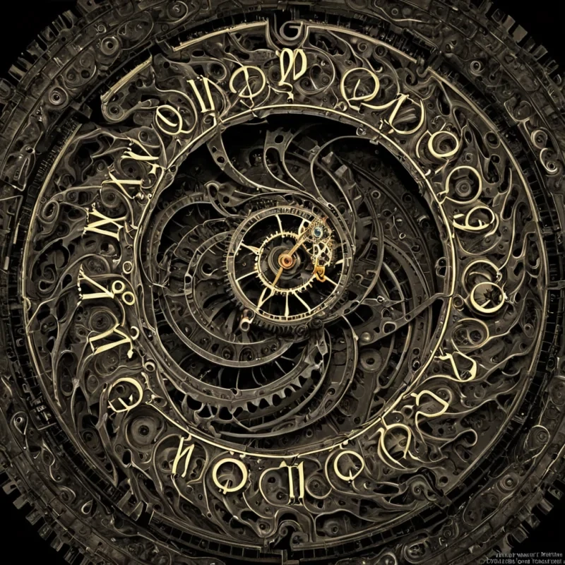 A single, selfresonating fractal of reversed time, shaped like a 17,342dimensional spiral of unformed chronology and inverted causality, pulses at the center of a vast, inverted clockwork of solidified stillness  each gear forged from the exact moment between a hand turning a dial and its refusal to advance, a second ticking in silence and dissolving into nonlinear emptiness, a memory forming in the mind and collapsing into pure, unmeasured nonsequitur. The fractal does not measure duration  it unmeasures it, each shimmering layer shedding a fragment of temporal potential that never coalesced into linear progression, reforming into ephemeral, amethystveined afterimages