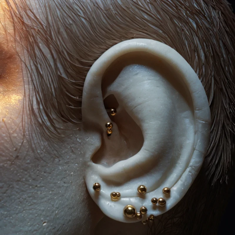 A hyperrealistic, lowangle closeup of a single, pristine human ear embedded in a smooth, matte, creamcolored alabaster sculpture of a face, where the ear canal is not hollow but filled with a dense, slowly rotating spiral of tiny, perfect, obsidian glass beads that refract the light into sharp, prismatic shards of deep crimson and electric blue. The surrounding alabaster skin is flawless and poreless, with subtle, carved lines indicating the cartilage structure that are filled with a thin, flowing stream of liquid gold that pulses gently with a warm, rhythmic glow. The lighting is cinematic and dramatic, coming from a single, hard source behind the sculpture, creating a strong silhouette effect and highlighting the intricate refraction