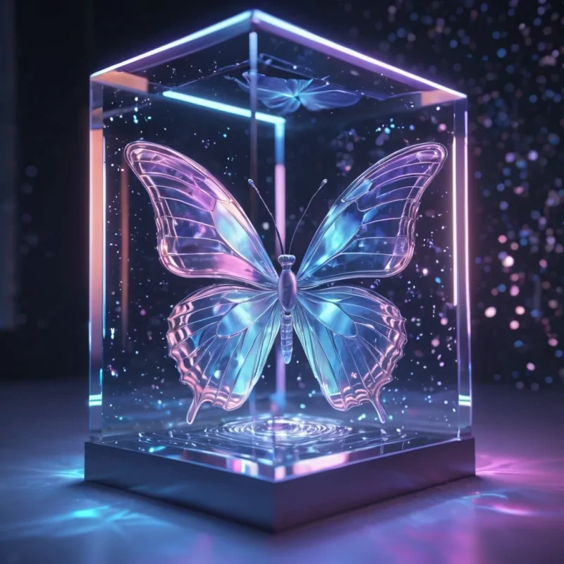 Hyperrealistic neon butterflies with reflective metallic wings fluttering in a cubic sapphire chamber filled with swirling quantum mist, holographic threads floating in volumetric lighting, soft focus, pastel tones, 4K