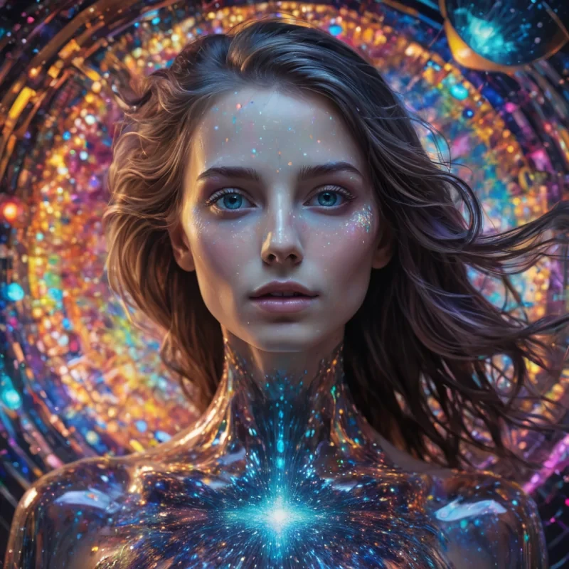 A hyperrealistic, 4K, ultra HD portrait of a quantum artist, her iridescent skin shifting through a kaleidoscope of colors with each quantum leap. The artists eyes, a deep, enigmatic opal, hold the secrets of a thousand parallel universes. Her hair, a cascade of shimmering, holographic brushstrokes, gently pulses with each beat of her cosmic heart. The background is a surreal, hightech art gallery filled with floating, selfpainting canvases and the soft glow of quantum projectors. Cinematic lighting accentuates the artists otherworldly beauty, while a subtle bokeh effect blurs the neonlit multiverse, creating an intimate, focused atmosphere.
