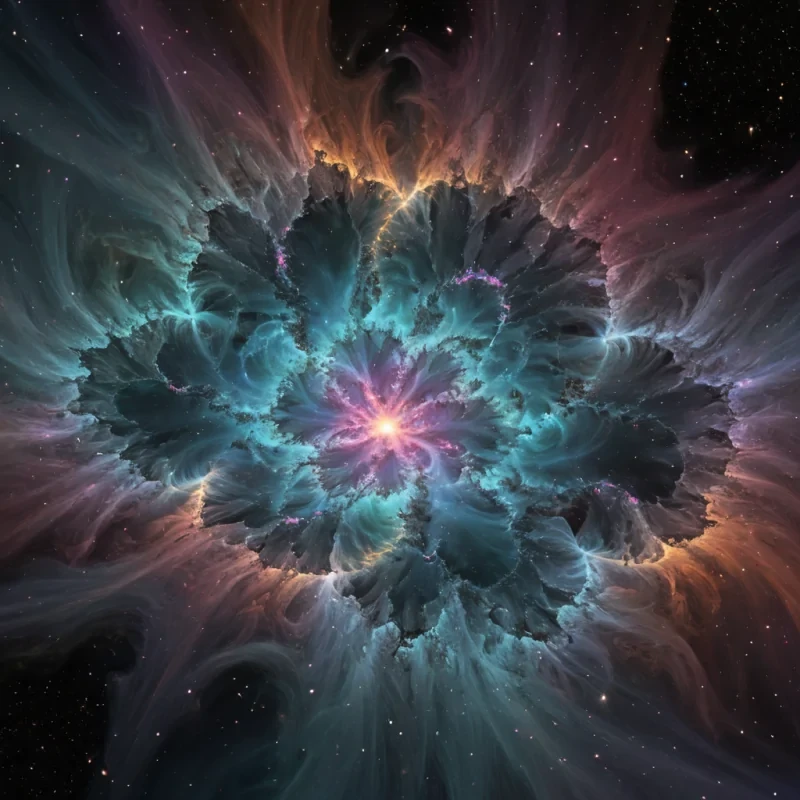 A hyperrealistic, 4K, ultra HD depiction of a pulsating, bioluminescent nebula, its swirling, iridescent clouds of cosmic dust and gas etched in intricate, fractal patterns. Volumetric lighting from a distant, pulsating, celestial body bathes the scene in a mesmerizing symphony of vibrant, prismatic hues. Cinematic lighting accentuates the nebulas central, radiant, luminescent star, its ethereal glow casting a surreal, otherworldly ambiance. Photorealistic, fractal, zerogravity stardust formations unfurl in a surreal dance, creating an enchanting cosmic ballet.