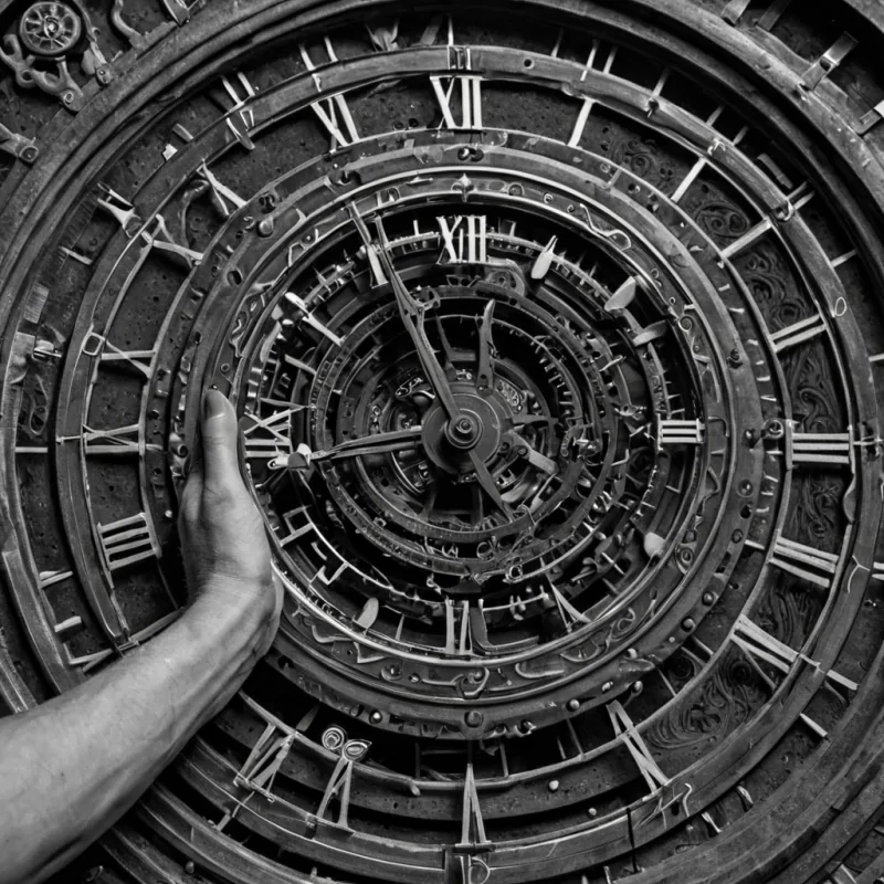 A single, selfreplicating filament of reversed time, shaped like a 413dimensional braid of unformed chronology and inverted causality, pulses at the center of a vast, inverted clocktower of solidified stasiseach gear carved from the exact moment between a second ticking and its refusal to pass, a pendulum swinging and dissolving into nonkinetic dust, a hand moving and collapsing into pure, unmeasured stillness. The filament does not ageit unages, each shimmering strand shedding a layer of temporal potential that never coalesced into a shared future, reforming into ephemeral, onyxthreaded afterimages shaped like the negative space between two wrists that never touched a watch face