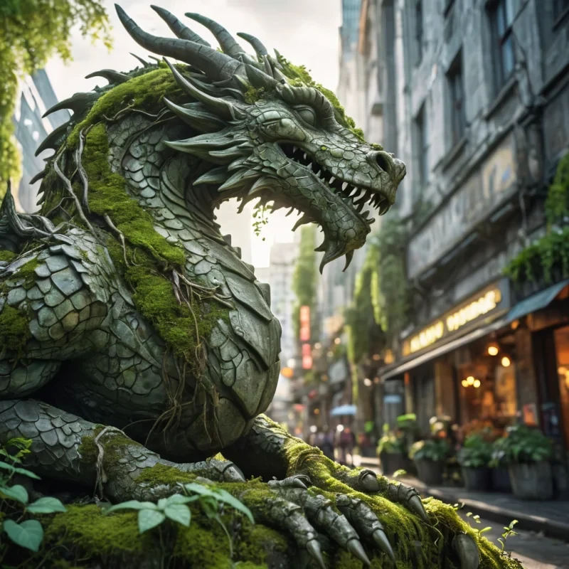 A colossal, ancient stone statue of a slumbering dragon, covered in moss and vines, awakening in a bustling, futuristic metropolis, hyperrealistic, ultra HD, cinematic lighting, volumetric lighting, atmospheric effects, dynamic lighting, bokeh effect, soft focus, lens flare, vibrant colors, detailed textures.
