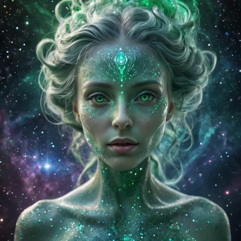 A hyperrealistic, 4K, ultra HD portrait of an otherworldly being with iridescent, opalescent skin that shimmers like liquid stardust. The beings eyes, a deep, mesmerizing emerald, seem to swirl with ethereal galaxies. Their hair, a cascade of auroral fractals, gently pulses with an otherworldly glow. The background is a surreal, nebulalike landscape of swirling, ethereal hues, with distant star systems and cosmic phenomena casting a soft, celestial glow. Cinematic lighting accentuates the beings otherworldly features, while a subtle bokeh effect blurs the cosmic backdrop, creating an enchanting atmosphere.
