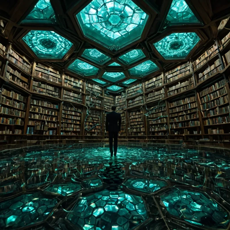 A horizontal, eyelevel wide shot of a vast, submerged library floor constructed from millions of polished, hexagonal obsidian tiles that reflect the rippling light from the water surface above, creating a fragmented, kaleidoscopic pattern of shifting blues and greens. Rising from the center is a colossal, spiraling structure made entirely of transparent, fluidfilled tubes that twist and coil like DNA strands, glowing with a soft, bioluminescent teal light from within. Inside the tubes, tiny, intricate mechanical insects made of brass and crystal crawl upward in synchronized patterns. In the foreground, a figure wearing a sleek, formfitting suit woven from flexible, iridescent kelpfiber fabric in shades of deep emerald and silver stands waistde