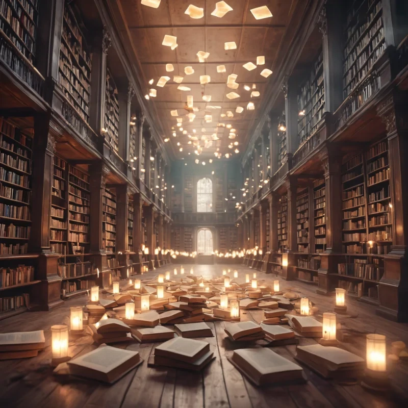 A vast, abandoned library with floating books that emit a soft glow, illuminated by ethereal, levitating lanterns, hyperrealistic, 4K, cinematic lighting, volumetric lighting, atmospheric effects, dynamic lighting, bokeh effect, soft focus, lens flare, pastel tones, detailed textures.