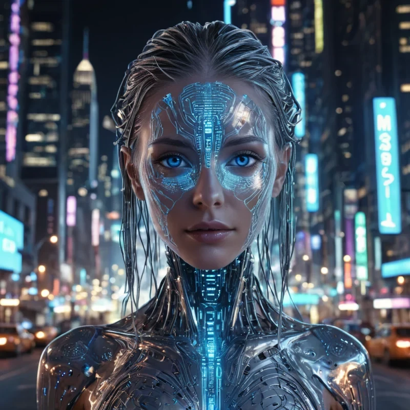 A hyperrealistic, 4K, ultra HD portrait of a cybernetic being with iridescent, circuitlaced skin that shimmers like liquid silver. The beings eyes, a deep, electric blue, seem to pulse with binary code. Their hair, a cascade of neon fractals, gently pulses with an otherworldly glow. The background is a surreal, neonlit cityscape of towering skyscrapers and holographic advertisements, with a soft, ethereal glow casting an urban ambiance. Cinematic lighting accentuates the beings metallic features, while a subtle bokeh effect blurs the bustling city backdrop, creating a futuristic atmosphere.