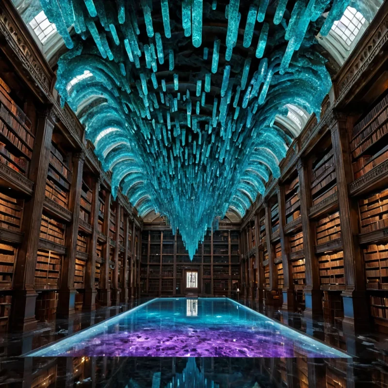 A hyperrealistic, wideangle shot of a vast, subterranean library carved into the interior of a colossal, translucent geode, where the shelves are formed from smooth, polished amethyst walls that glow with a soft, internal purple luminescence. The floor is a shallow, still pool of clear water that perfectly reflects the inverted ceiling, which is a mosaic of thousands of tiny, floating, golden geometric prisms suspended in midair, each containing a miniature, frozen moment of time from different eras. In the center of the hall stands a solitary, towering structure made entirely of interlocking, translucent glass tubes filled with swirling, bioluminescent blue algae, forming the shape of a massive, abstract tree without leaves or branches.