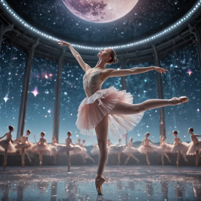 Lunar Lullaby A hyperrealistic, Ultra HD, ethereal ballerina, her tutu adorned with intricate, detailed textures, pirouettes gracefully on the desolate, cinematic lunar surface. Volumetric lighting casts dramatic, dynamic shadows across her delicate form, as atmospheric effects create a mesmerizing, otherworldly dance of lunar dust. A colossal, iridescent, crystalline space station looms in the distance, its geometric patterns casting a soft, bokeh effect, while vibrant, pastel hues illuminate the ballerinas serene, celestial expression. Her reflective, holographic pointe shoes capture the lunar landscapes dynamic lighting, revealing a mesmerizing, ultraHD