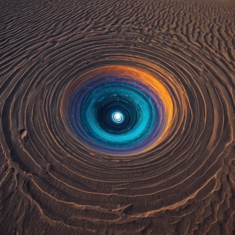 A single, selfsustaining vortex of liquidized starlight rotates in the center of a floating, inverted desert of solidified silence, its core not dark but a swirling gradient of unreflected light that never bounced off any surface. The vortex does not spinit unspins, reversing its rotation with each pulse, unraveling the luminous residue of a thousand sunsets that never occurred, condensing into a dense, iridescent sphere that emits a lowfrequency hum audible only to the void. The deserts dunes are not sandthey are fossilized whispers, each ripple etched with the thermal afterimage of a word spoken in a language that only exists in the space between heartbeats. The sky above is not air