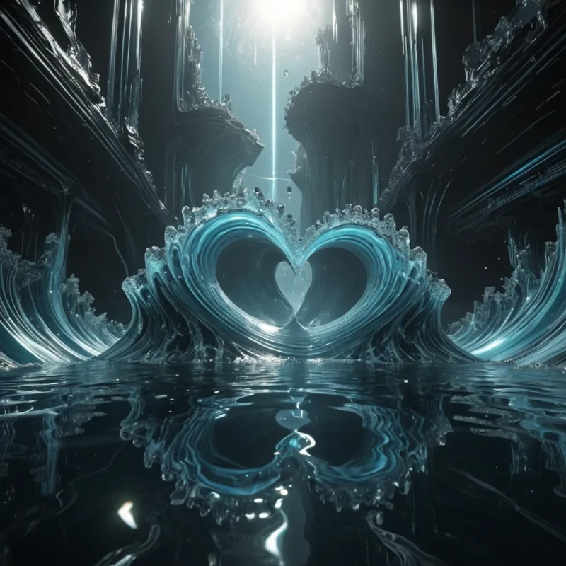 Photorealistic, colossal, undulating, obsidian, wave metropolis, its hyperrealistic, 4K, fractal, waterkissed structures unfurling ultra HD, zero gravity, hydrodynamic ecosystems. Volumetric lighting from unseen, pulsating, bioluminescent hearts etches the citys ethereal, geometric architecture, casting intricate, dynamic, neon shadows on the inverted, reflective void. Cinematic lighting bathes the scene in vibrant, aquatic hues, with lens flare emphasizing the citys central, radiant, throbbing, crystalline heart, pulsating with captive, alien, hydrothermal energy.