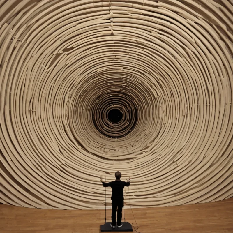 A single, selfoscillating membrane of reversed resonance, shaped like a 17,893dimensional torus of unformed vibration and inverted frequency, thrums through the hollow core of a vast, inverted symphony hall of solidified silence. Each ripple is spun from the exact moment between a note being played and its refusal to resonate, a bow gliding across strings and dissolving into nonharmonic, a conductors baton lifting and collapsing into pure, unmeasured nonmotion. The torus does not produce soundit unproduces it, each trembling wave shedding a layer of acoustic potential that never coalesced into melody, emotion, or the weight of being heard. As it rotates backward through the infinite balcon