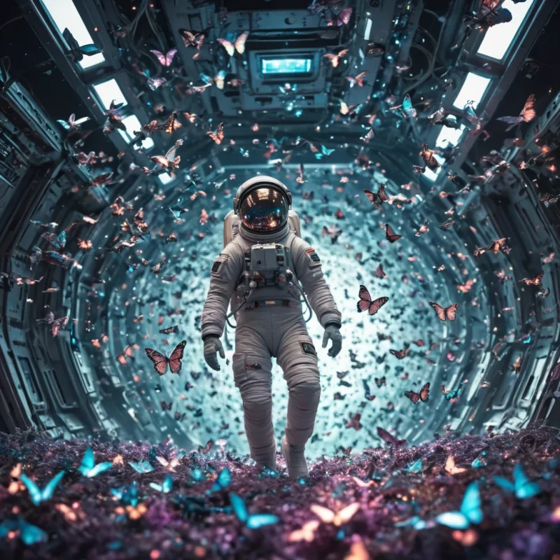 A lone astronaut floating in the void, tethered to a derelict spaceship, surrounded by a swarm of iridescent, mechanical butterflies, hyperrealistic, ultra HD, cinematic lighting, volumetric lighting, atmospheric effects, dynamic lighting, bokeh effect, soft focus, lens flare, pastel tones, detailed textures.