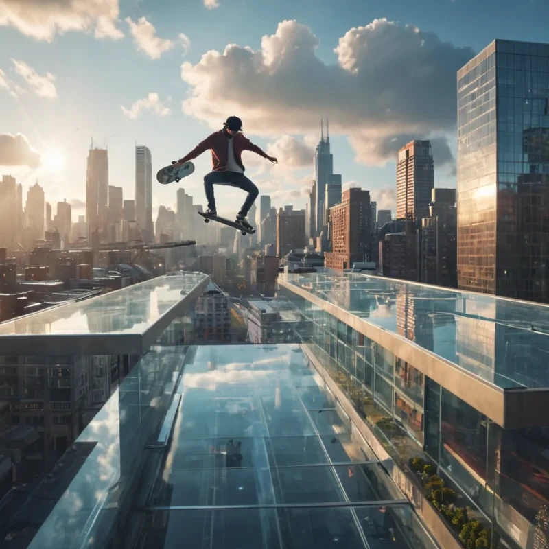 A levitating cityscape where buildings drift like clouds, connected by glass bridges, a lone figure skateboarding on a rooftop, hyperrealistic, ultra HD, cinematic lighting, volumetric lighting, atmospheric effects, dynamic lighting, soft focus, lens flare, vibrant colors, detailed textures.