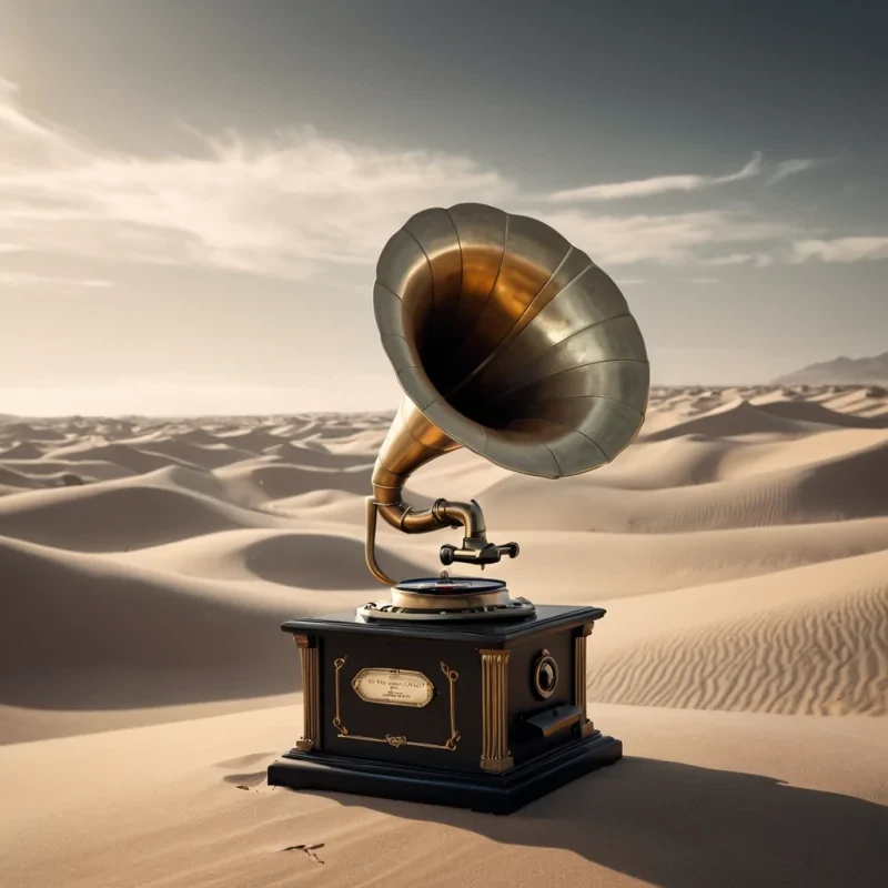 A hyperrealistic, 4K portrait of a whimsical, levitating vintage phonograph, its brass horn emitting ethereal, otherworldly melodies, set against a surreal, monochromatic landscape of undulating, shadowy dunes, with volumetric lighting casting dramatic shadows and emphasizing the intricate, art deco design, and a subtle, cool bokeh effect creating a sense of isolation and enchantment.