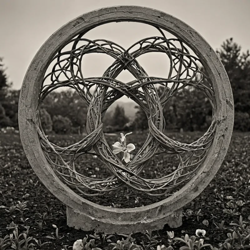 A single, selfilluminating knot of solidified time, shaped like a hyperbolic tangle of reversed chronal friction, pulses at the center of a vast, inverted clockwork garden grown from the compressed, unmeasured moments of a civilization that communicated through the duration of synchronized, silent waiting. The knot does not tickit untimes, each twist dissolving a layer of duration that never coalesced into a shared second, reforming into ephemeral, topazveined afterimages shaped like the negative space between two hands that never held a sandglass in the same moment of mutual patience. The garden is not botanicalit is a layered expanse of petrified anticipation, each flower blooming backward in reverse pet