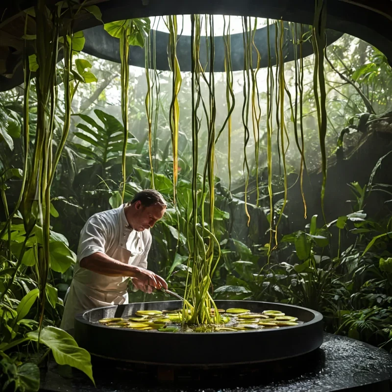 A horizontal, eyelevel medium shot of a bustling, openair culinary pavilion constructed entirely from translucent, amberhued resin, suspended within a dense, mistshrouded jungle of giant, carnivorous pitcher plants. The resin structure glows with a warm, internal light, casting a honeycolored hue on the surrounding verdant foliage and the smooth, wet surfaces of the massive plant vessels. In the center, a chef with sharp, focused features and wearing a pristine, white linen apron over a dark tunic carefully arranges intricate, geometric garnishes on a floating, magnetic plate that hovers above a sizzling, flat stone griddle. Steam rises in perfect, spiraling columns from the dish, catching the dappled sunlight filtering