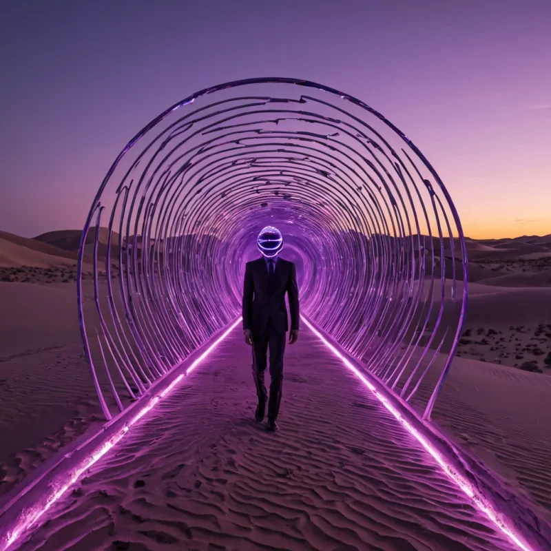 A horizontal, eyelevel wide shot of a vast, arid desert landscape where the sand dunes are composed of fine, vibrant purple crystalline powder that shifts hue under the light. Rising from the dunes are towering, skeletal structures resembling the fossilized ribs of colossal ancient beasts, crafted from weathered, mattewhite ceramic that cracks to reveal pulsating veins of neonorange energy. In the foreground, a lone traveler wearing a sleek, formfitting suit of iridescent chitin and a helmet with a transparent, curved visor walks across a narrow, suspended bridge made of tensile, glowing fiber strands. The bridge connects two of the ceramic ribs, stretching over a deep abyss filled with swirling, mistlike data streams in shades of electric