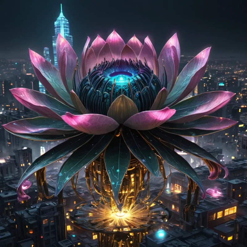 A colossal, ancient, mechanical lotus, its metallic petals unfurling to reveal a labyrinthine, neonlit city within, blooms from the heart of a vast, undulating, obsidian plain. Suspended within the lotus stamen, a holographic, sentient, mechanical swarm of dragonflies dances, casting ephemeral shadows on the citys inhabitants sentient, robotic, reptilian creatures. Rendered in ultra HD, with volumetric lighting, atmospheric effects, and vibrant colors, evoking a sense of surreal, otherworldly wonder.
