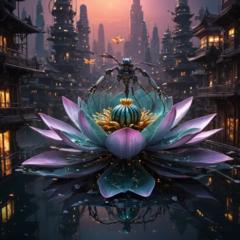 A colossal, ancient, mechanical lotus, its metallic petals unfurling to reveal a labyrinthine, neonlit city within, blooms from the heart of a vast, undulating, obsidian plain. Suspended within the lotus stamen, a holographic, sentient, mechanical swarm of dragonflies dances, casting ephemeral shadows on the citys inhabitants sentient, robotic, reptilian creatures. Rendered in ultra HD, with volumetric lighting, atmospheric effects, and vibrant colors, evoking a sense of surreal, otherworldly wonder.